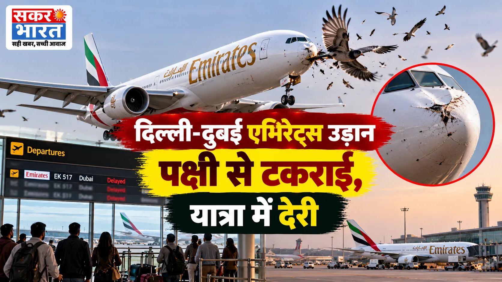 दिल्ली-दुबई एमिरेट्स उड़ान पक्षी से टकराई, यात्रा में देरी