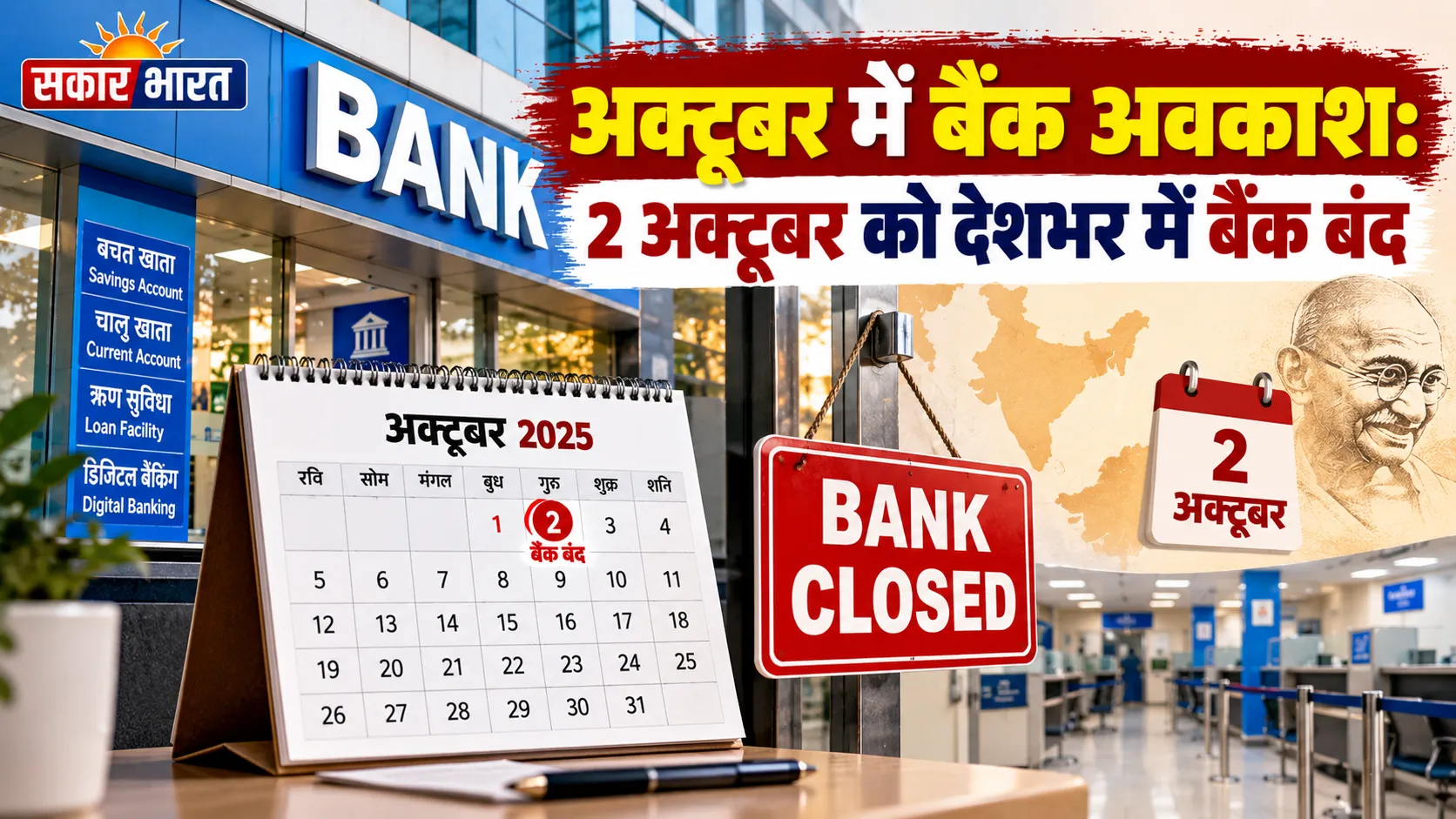 अक्टूबर में बैंक अवकाश: 2 अक्टूबर को देशभर में बंद रहेंगे बैंक