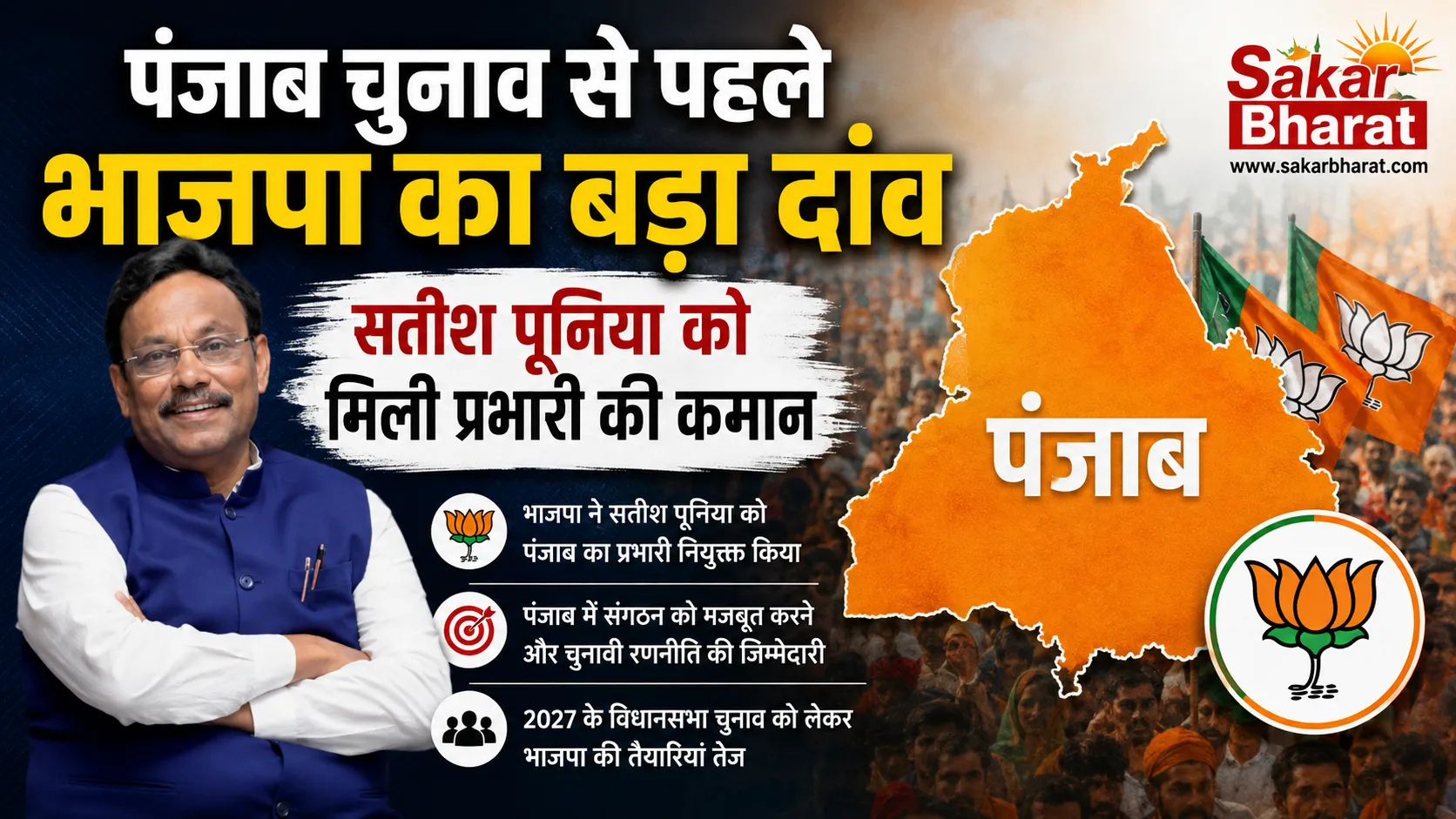 पंजाब चुनाव से पहले भाजपा का बड़ा दांव, सतीश पूनिया को मिली प्रभारी की कमान