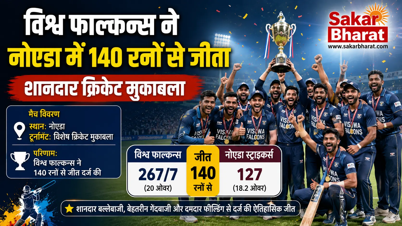 नोएडा क्रिकेट: विश्व फाल्कन्स की शानदार जीत, प्रतिद्वंद्वी को 140 रन से रौंदा