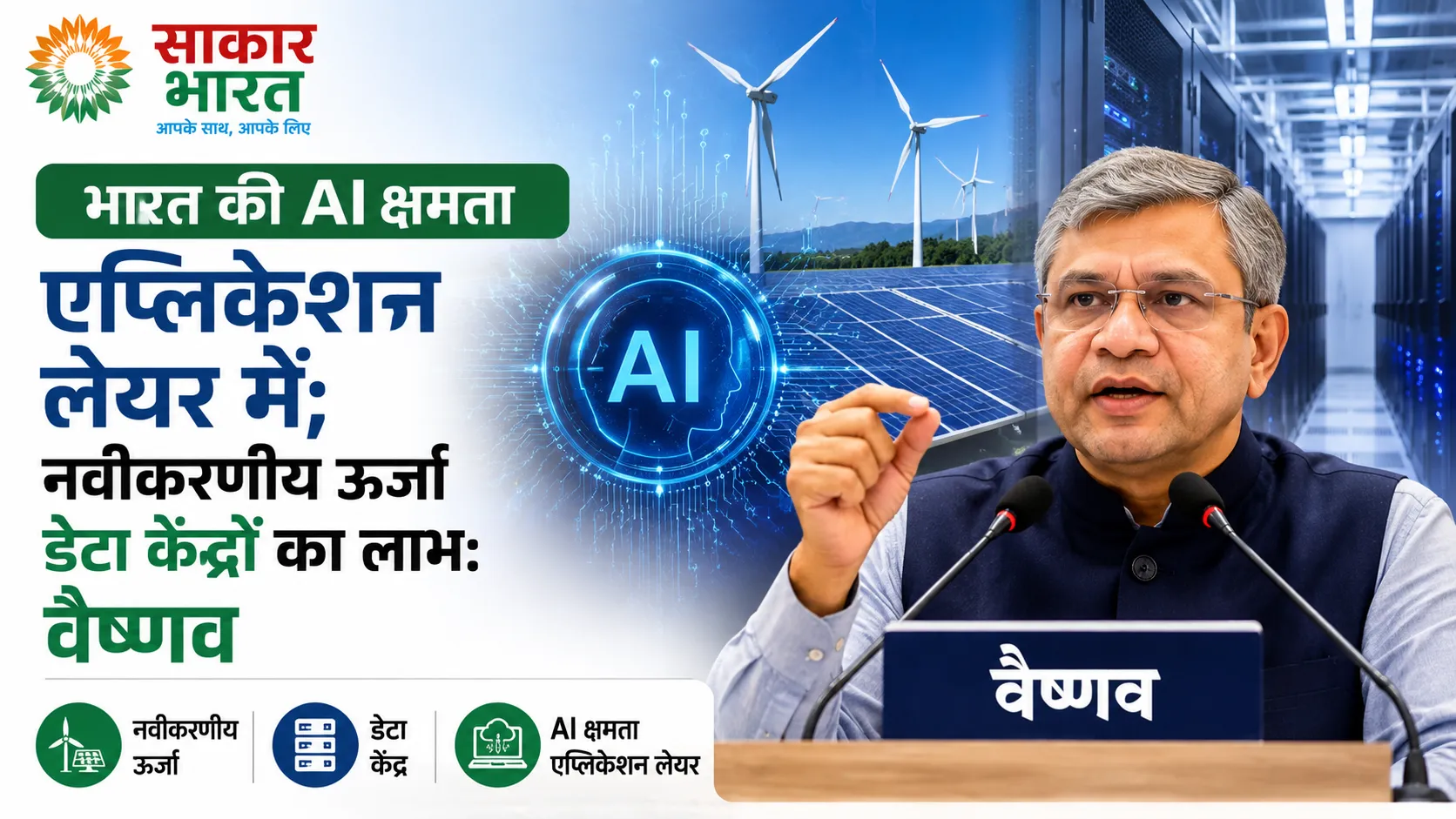 भारत की AI शक्ति एप्लीकेशन लेयर में, नवीकरणीय ऊर्जा डेटा सेंटर के लिए वरदान: वैष्णव