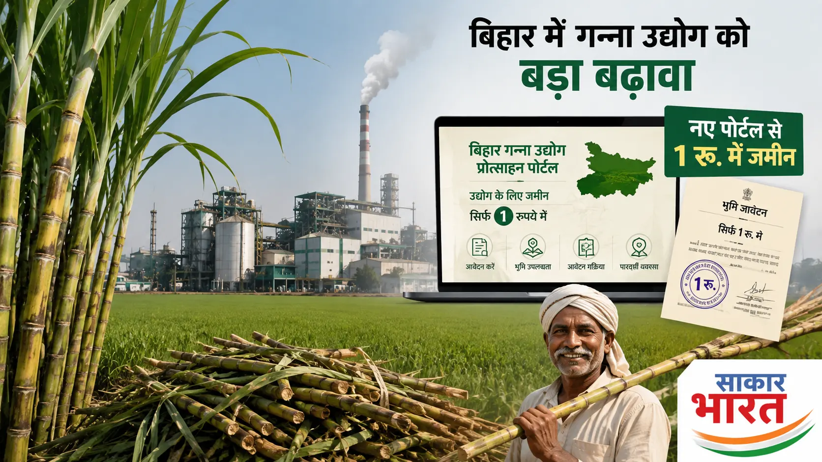 बिहार में गन्ना उद्योग को नई उड़ान, निवेश पोर्टल लॉन्च, 1 रुपये में जमीन