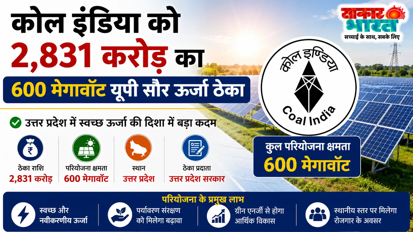 कोल इंडिया को यूपी में ₹2,831 करोड़ का 600 मेगावॉट सौर ऊर्जा ठेका