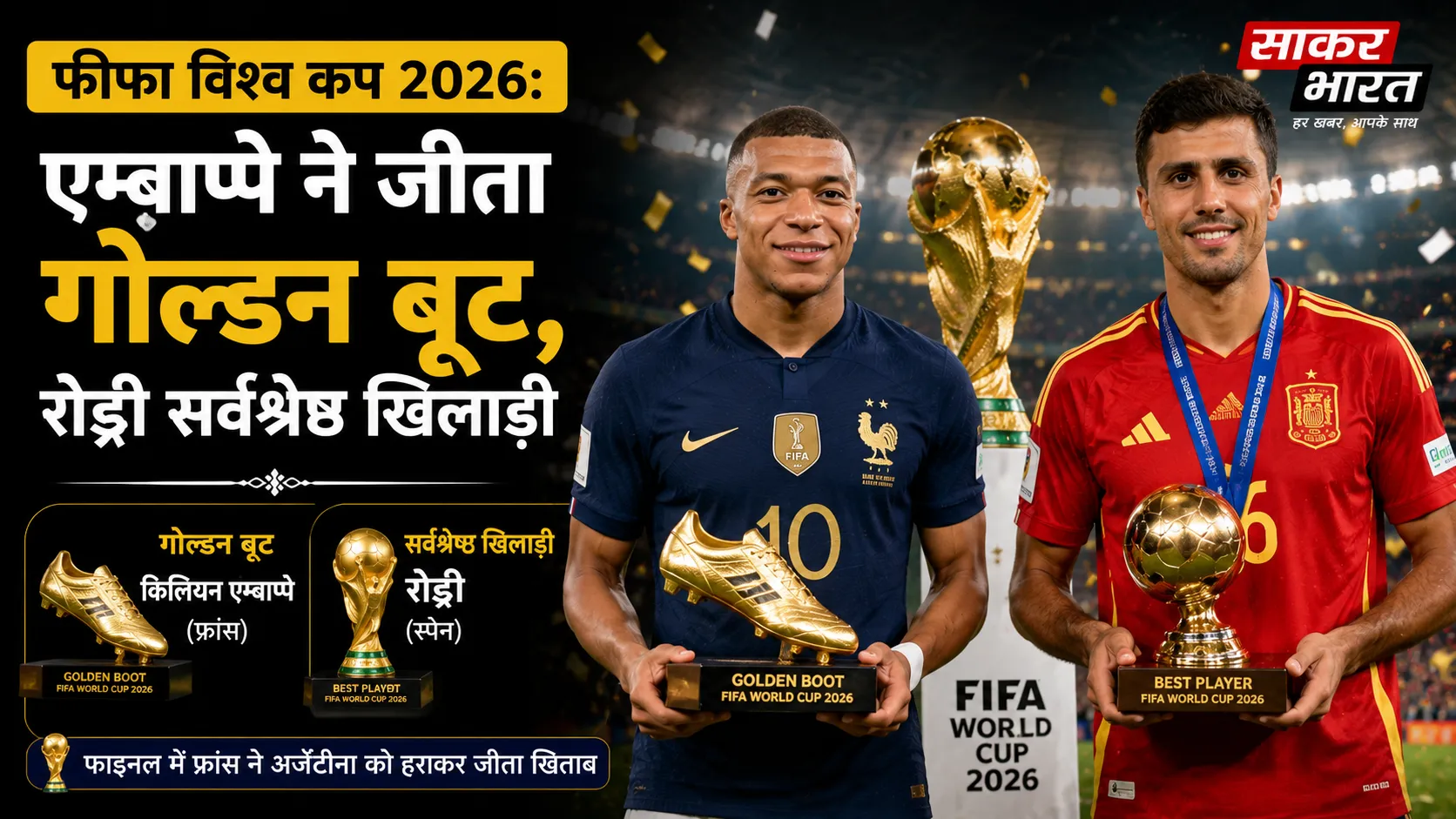 फीफा विश्व कप 2026: एम्बाप्पे ने जीता गोल्डन बूट, रोड्री सर्वश्रेष्ठ खिलाड़ी