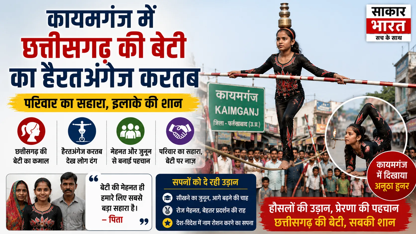 कायमगंज में छत्तीसगढ़ की मासूम का हैरतअंगेज करतब, परिवार का सहारा