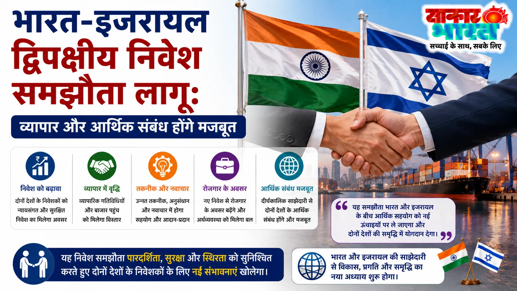 भारत-इजरायल द्विपक्षीय निवेश समझौता लागू: व्यापार और आर्थिक संबंध होंगे मजबूत