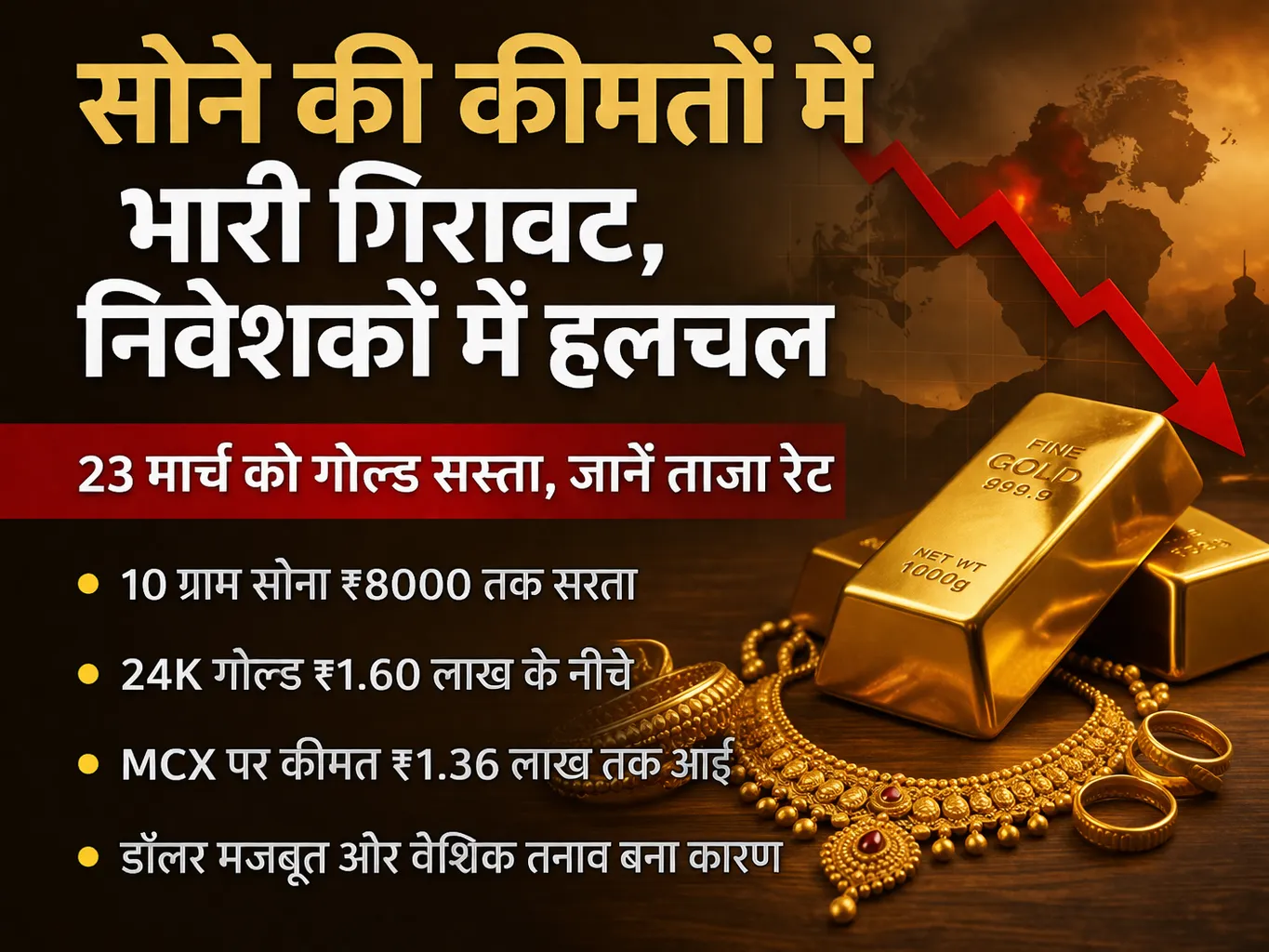 सोने की कीमतों में भारी गिरावट, निवेशकों में हलचल  23 मार्च को गोल्ड सस्ता, जानें ताजा रेट