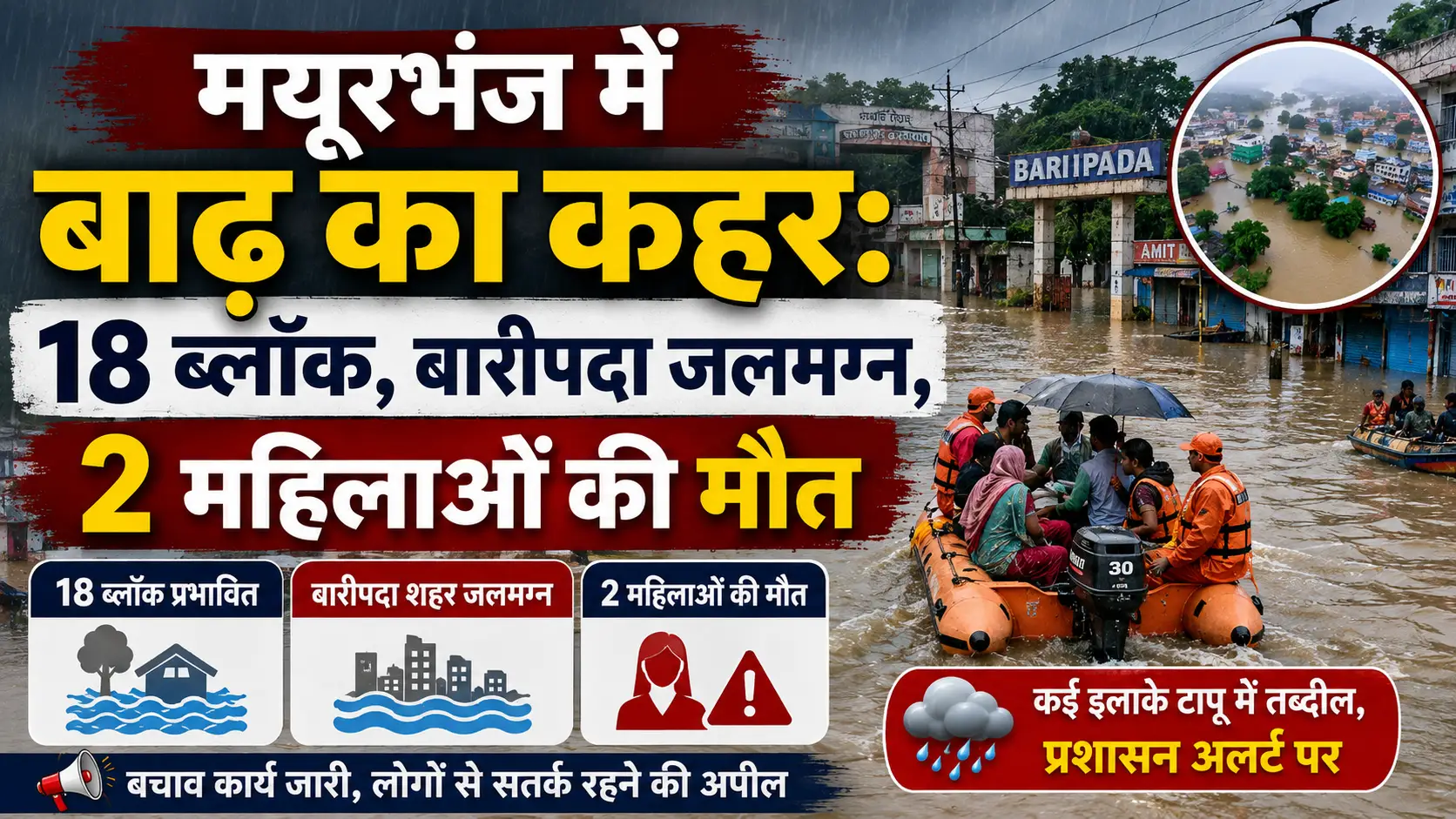 मयूरभंज में बाढ़ का कहर: 18 ब्लॉक जलमग्न, दो महिलाओं की मौत