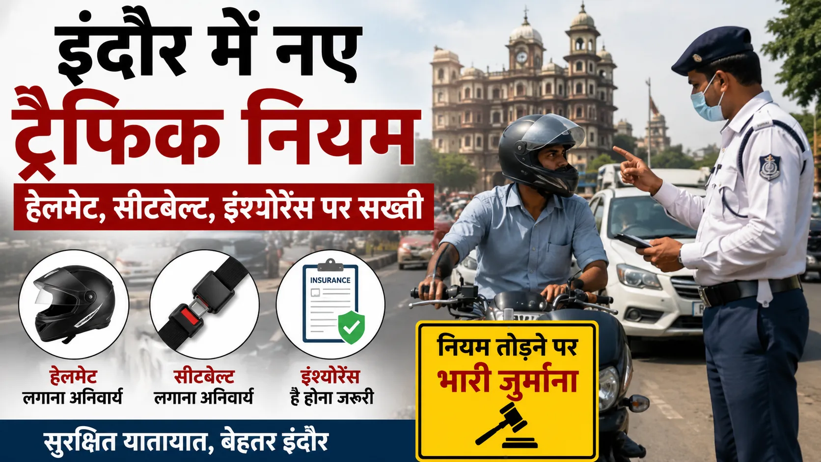 इंदौर में नए ट्रैफिक नियम: हेलमेट, सीटबेल्ट, इंश्योरेंस पर सख्ती
