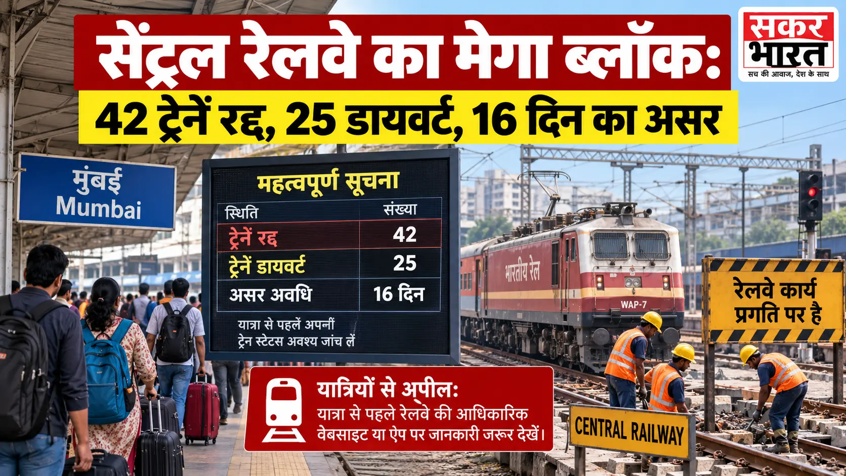 सेंट्रल रेलवे का मेगा ब्लॉक: 42 ट्रेनें रद्द, 25 डायवर्ट, 16 दिन का असर
